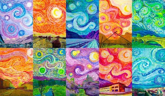 the starry night is depicted in this collage with many different colors and shapes