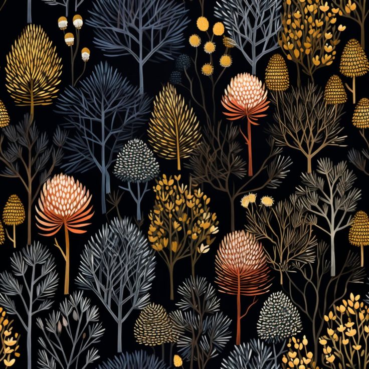 a black background with trees and flowers in gold, blue, and orange colors on it