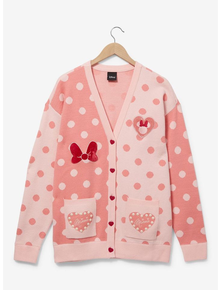 Disney Minnie Mouse Polka Dot Women's Cardigan - BoxLunch Exclusive | BoxLunch Yoo Hoo, Polka Dot Cardigan, Polka Dot Sweater, Plus Size Cardigans, Cozy Cardigan, Themed Outfits, Cardigan Fashion, Pink Polka Dots, Pink Sweater