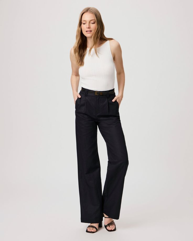 This high-rise wide-leg pleated trouser pant is designed with double belt loops, angled front pockets and back welt pockets. Crafted from cotton linen in black, this flattering silhouette can be paired with anything from a white blouse to the coordinating Adria Top for a chic matching moment. | Niguel Pant - Black | Size 10 Double Belt, Premium Denim Jeans, Nye Outfits, Culotte Pants, Bottom Clothes, Denim Jumpsuit, White Blouse, Premium Denim, Trouser Pants