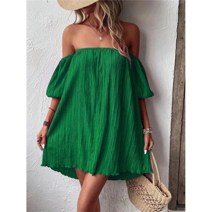 -Item Id 18470149.Html?Mallcode=1&Zeedropid=1656310 -Color: Green -Style: Casual -Pattern Type: Plain -Neckline: Off The Shoulder -Sleeve Length: Half Sleeve -Type: Tunic -Sleeve Type: Puff Sleeve -Waist Line: Natural -Hem Shaped: Straight -Length: Knee Length -Fit Type: Loose -Fabric: Non-Stretch -Material: Woven Fabric -Composition: 95% Polyester, 5% Elastane -Care Instructions: Machine Wash Or Professional Dry Clean -Sheer: No **Open To Offers!!!** **Bundle To Save More** **30% Off Bundles Of Green Solid Color Beach Dress, Green Solid Color Mini Dress For Beach, Green Solid Mini Dress For Vacation, Spring Off-shoulder Solid Color Mini Dress, Spring Off-shoulder Solid Mini Dress, Off-shoulder Solid Color Mini Dress For Spring, Spring Solid Color Off-shoulder Mini Dress, Solid Pleated Summer Dress, Green Solid Color Dress For Vacation