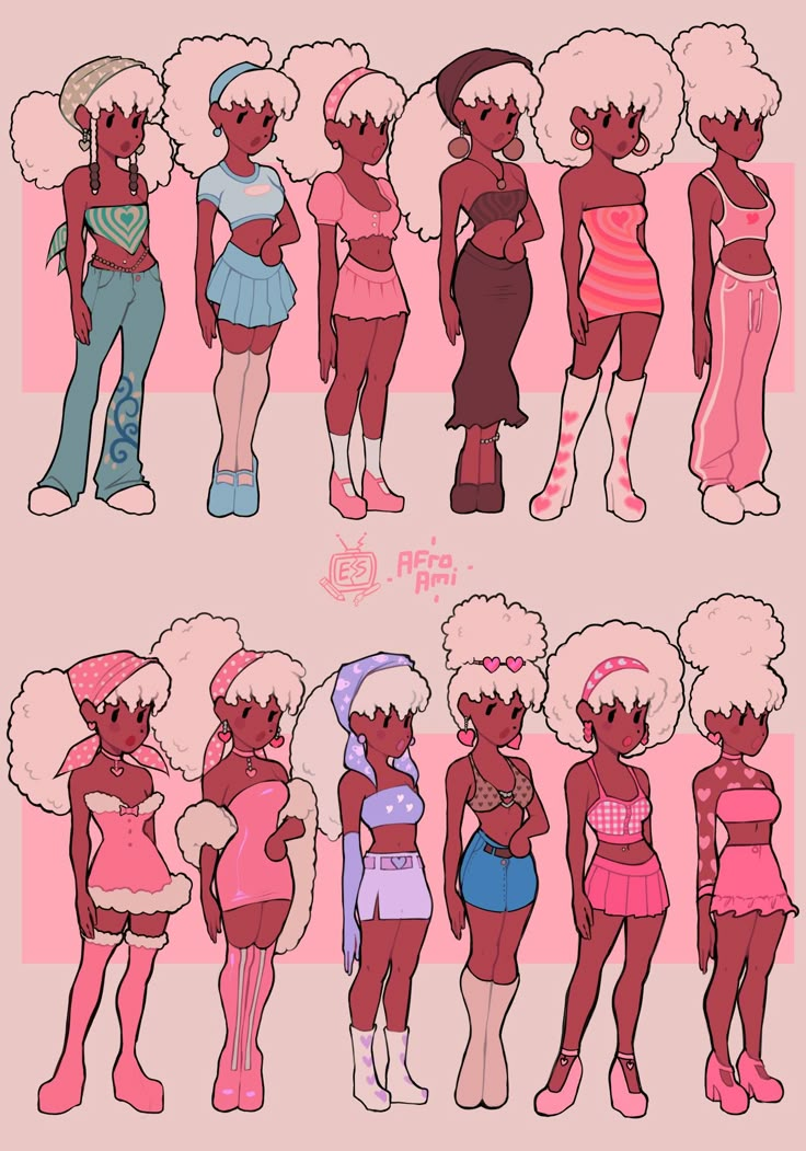 several different types of cartoon characters standing in front of each other with their hair pulled back