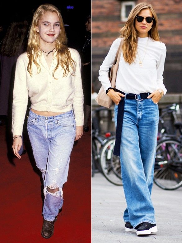 Drew Barrymore pioneered the baggy jean trend back in 1991 and now it has made its way back onto the street style scene with modern twists 1990s Fashion Trends, 1990 Style, The 90s Fashion, Casual Attire For Women, 2000s Fashion Trends, Looks Jeans, Goth Outfit, Dress Name, Kids Fashion Trends