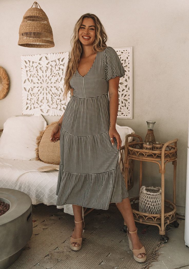 Women's Dress - Small Gingham Midi Dress | LOVESTITCH Bohemian Midi Dress For Picnic, Chic Plaid Beach Dress, Knee-length Ruffled Midi Dress For Picnic, Picnic Gingham Midi Dress With Short Sleeves, Chic Gingham Maxi Dress For Summer, Gingham Short Sleeve Midi Dress For Picnic, Gingham Maxi Dress For Picnic, Summer Gingham Dress With Tiered Skirt, Short Sleeve Gingham Midi Dress For Picnic