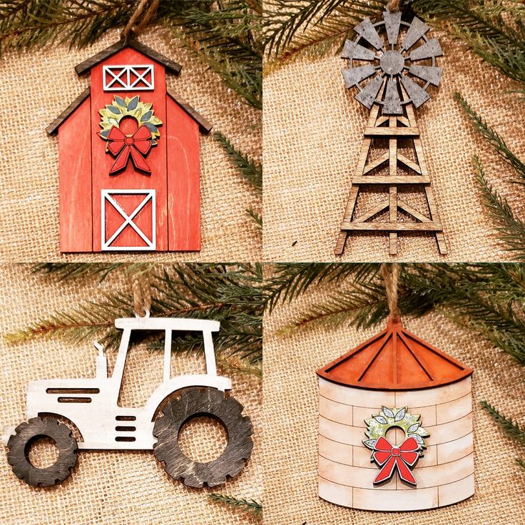 four farm themed ornaments hanging from a tree