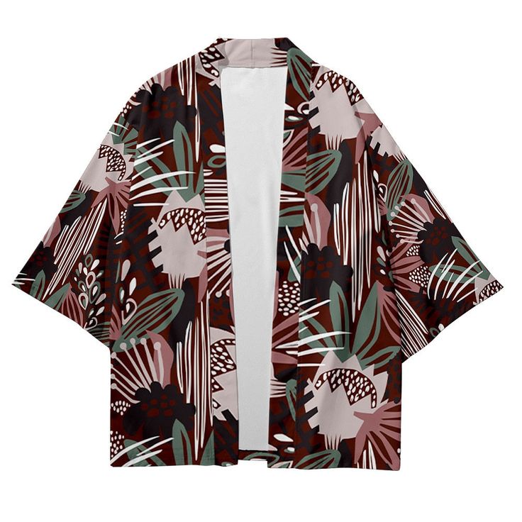 Our Tropical Kimono Shirt, a perfect blend of exotic flair and comfortable style. Embrace the vibrant energy of the tropics with this beautifully designed shirt that is sure to make a statement wherever you go. Crafted with care, our Tropical Kimono Shirt features lightweight and breathable fabric, making it ideal for warm weather and beach destinations. Its loose and flowing silhouette offers both comfort and versatility, allowing you to effortlessly transition from lounging poolside to explori Hawaiian Long Sleeve Shirt For Spring, Multicolor Shirt With Plants Print For Summer, Multicolor Plant Print Shirt For Summer, Multicolor Summer Shirt With Plant Print, Cotton Shirt With Abstract Print For Vacation, Patterned Shirt With Graphic Print For Vacation, Patterned Graphic Print Shirt For Vacation, Green Long Sleeve Hawaiian Shirt For Summer, Relaxed Fit Long Sleeve Camp Shirt For Beach