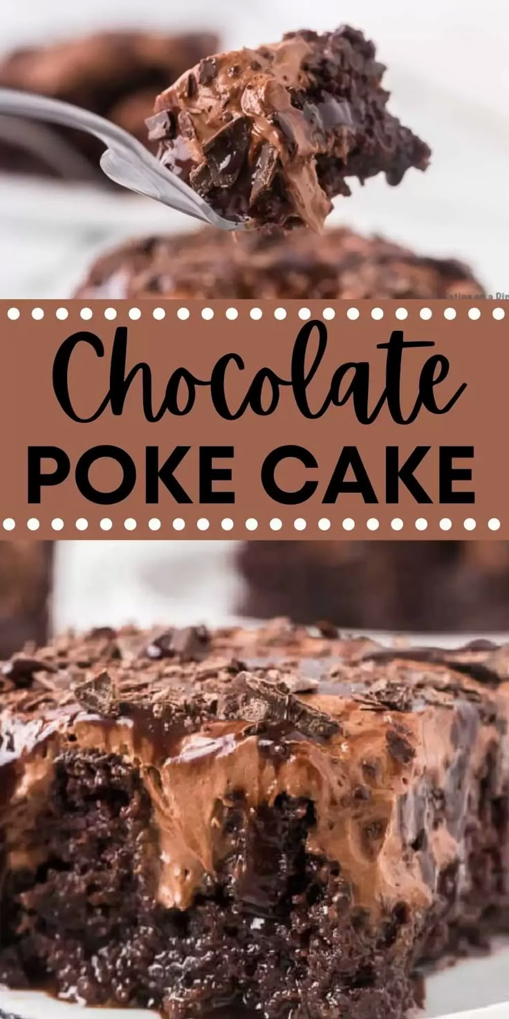 chocolate poke cake on a plate with a fork