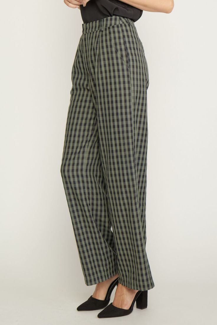 Elevate your style with our Olive Plaid Trousers! These high waisted, wide leg pants feature a playful gingham print and functional pockets. Belt loops and a zipper front closure add convenience and the lining offers comfort for all-day wear. Amp up your work wardrobe with these fun and functional trousers. 75% Polyester 25% Rayon Casual Plaid Pants With Welt Pockets, Fall Gingham Trousers, Plaid Cotton Bottoms For Work, Plaid Wide-leg Pants With Pockets, Wide-leg Plaid Pants With Houndstooth Pattern, Wide-leg Plaid Bottoms With Pockets, Plaid Cotton Workwear Bottoms, Casual Gingham Wide Leg Bottoms, Casual Wide Leg Gingham Bottoms