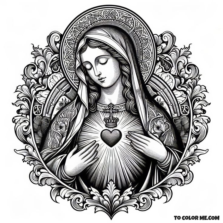 the virgin mary holding a heart surrounded by ornate border around her arms and chest, in black and white