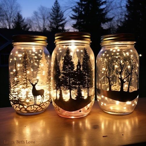 three mason jars with lights in them on a wooden table outside at night, decorated with deer and trees