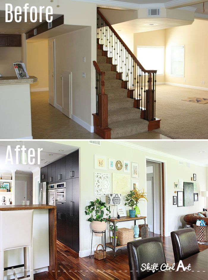 before and after pictures of a home's interior remodel, including stairs