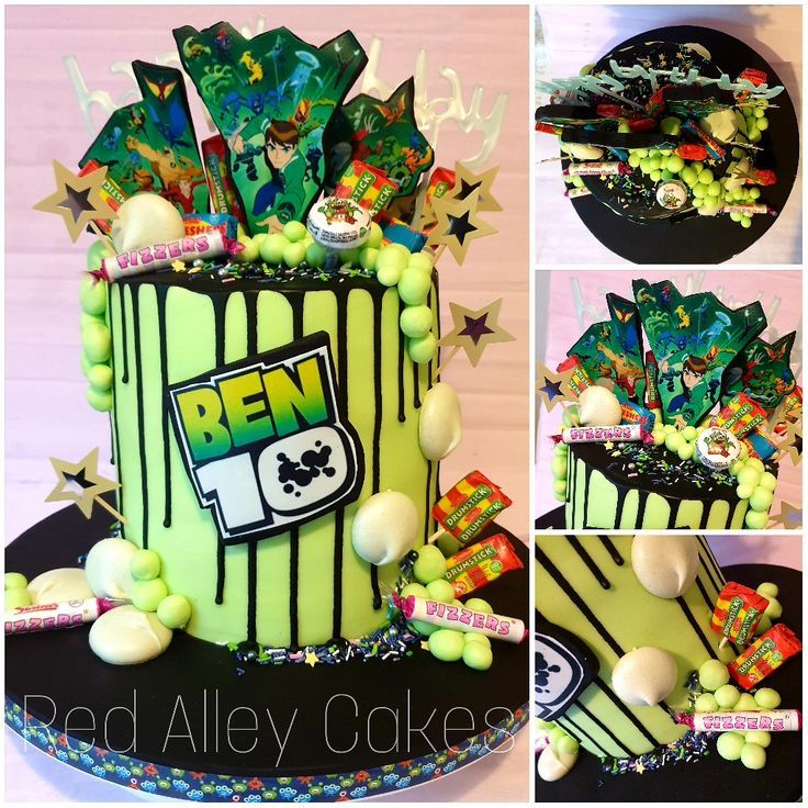 the cake is decorated with green and black icing, stars, and other decorations