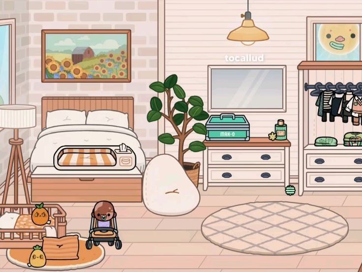 a cartoon bedroom with furniture and decor