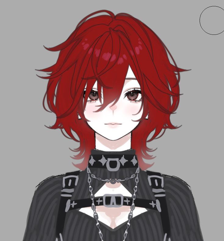 an anime character with red hair wearing a black shirt and silver chain around her neck