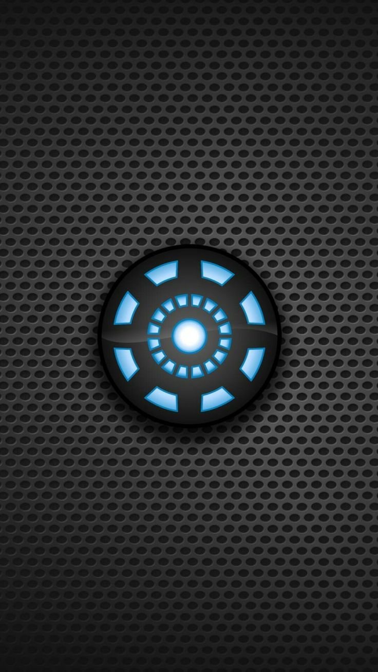 the iron man symbol is glowing blue on a black background with perforated metal mesh