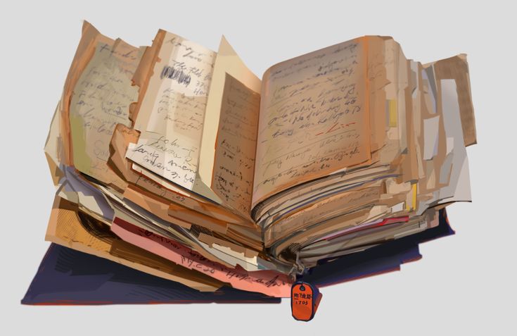 an open book sitting on top of a pile of books covered in handwritten notes