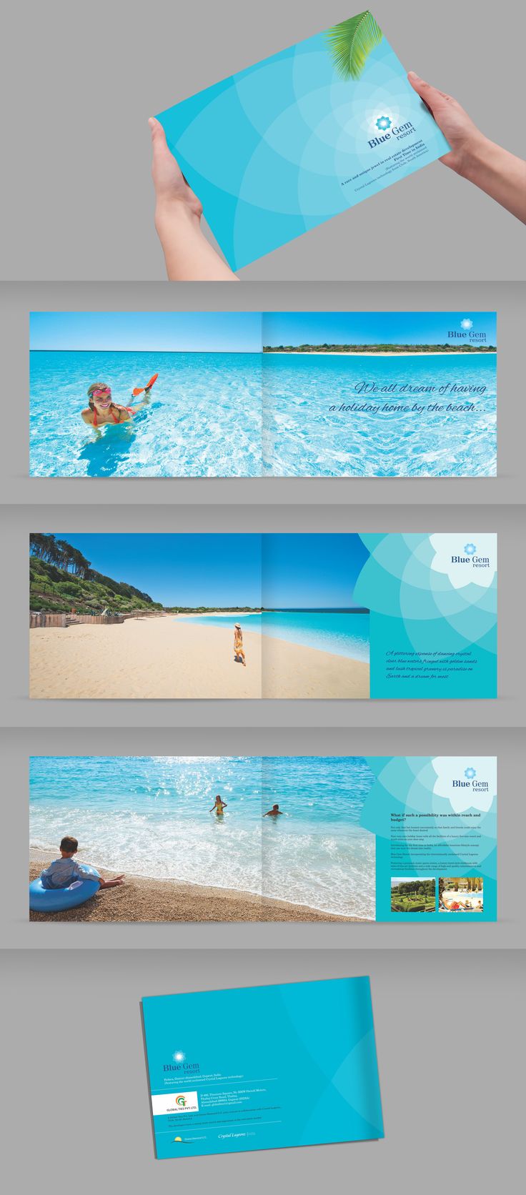 a person holding an open brochure in their hand on the beach with blue water