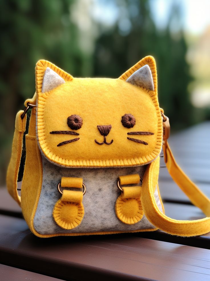 a yellow cat purse sitting on top of a wooden table