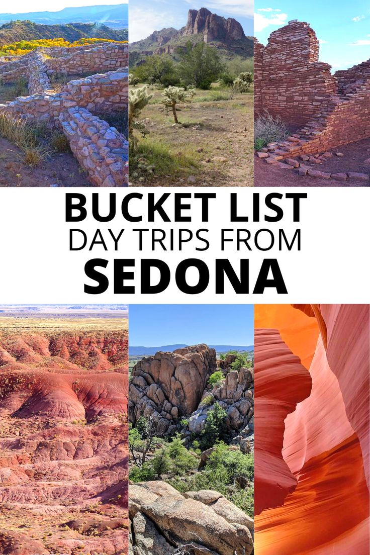 Bucket list day trips from Sedona, including Tuzigoot, Wupatki, Painted Desert, Prescott, and Antelope Canyon. Grand Canyon South Rim One Day, Sedona Grand Canyon Itinerary, Sedona Arizona Things To Do In March, Sedona Day Trip, Sedona And Grand Canyon Itinerary, Painted Desert Arizona, Sedona Bucket List, Sedona To Grand Canyon, Grand Cayon