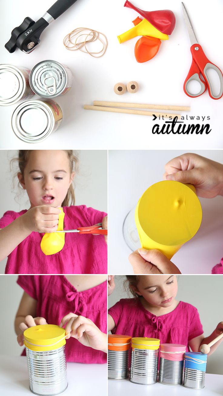 a collage of photos showing how to make an autumn craft with tins and scissors