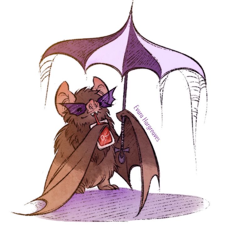 a drawing of a bat with sunglasses on it's head and wings, sitting under an umbrella