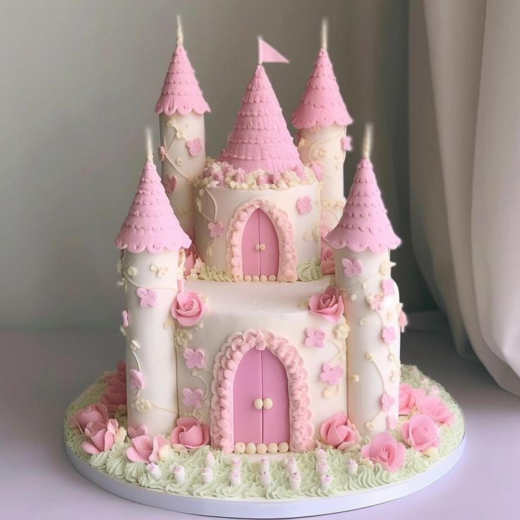 a cake that looks like a castle with pink turrets and flowers on the outside, is ready to be eaten