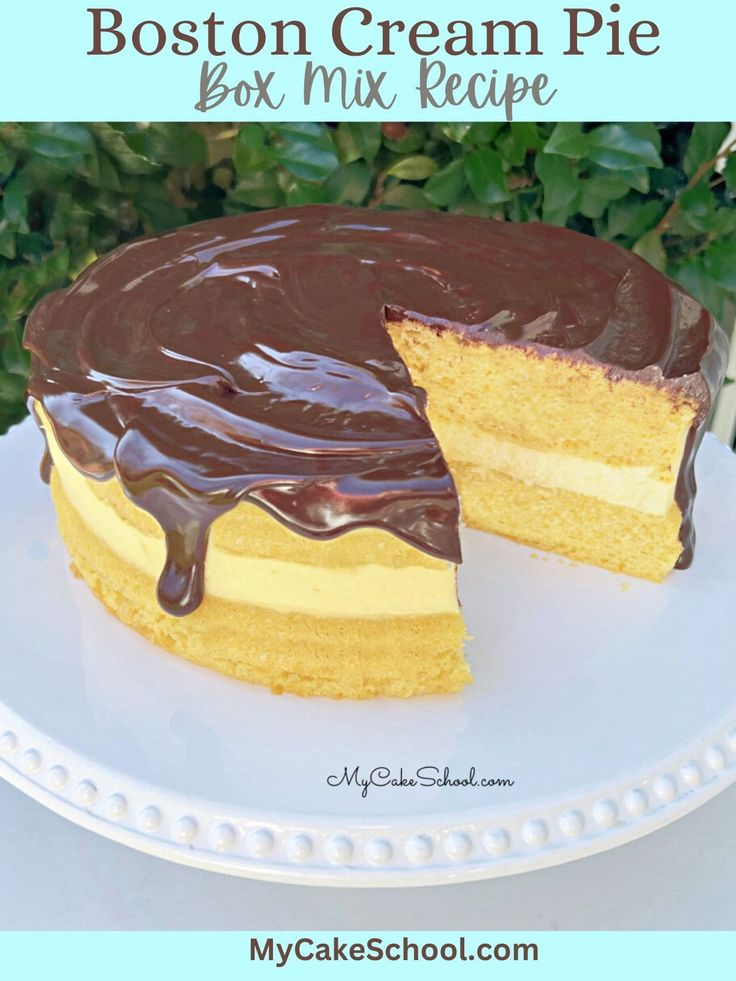 a boston cream pie with chocolate frosting on a white plate