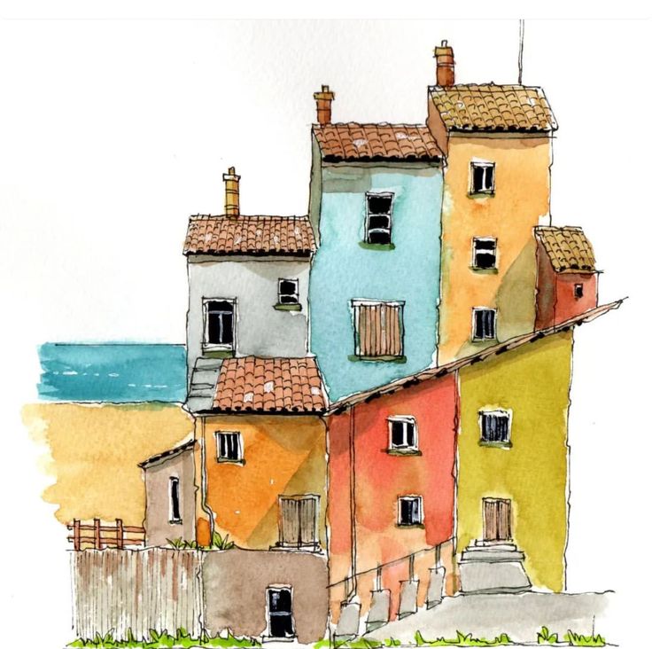 a watercolor painting of some houses by the ocean