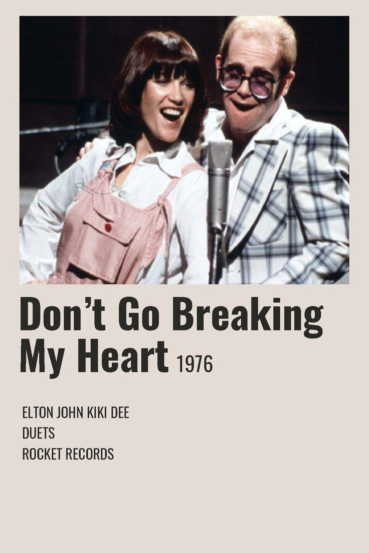 a man and woman standing next to each other in front of a microphone with the words don't go breaking my heart