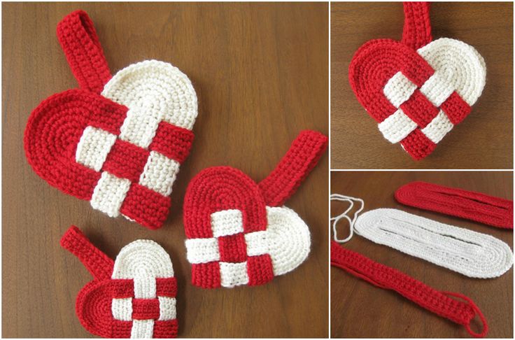 crocheted heart ornaments are displayed on a table with other items to make them look like hearts