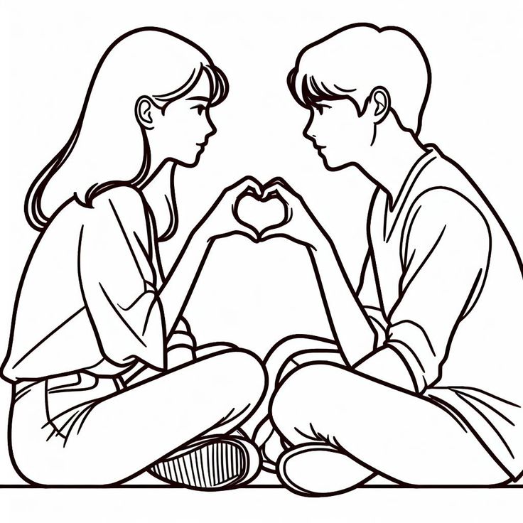 a man and woman sitting on the floor making a heart shape with their hands coloring page