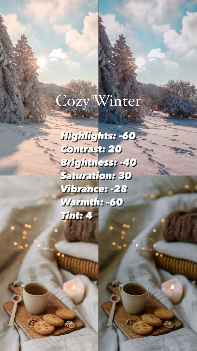 two photographs of coffee and cookies on a blanket in the snow, with text that reads cozy winter