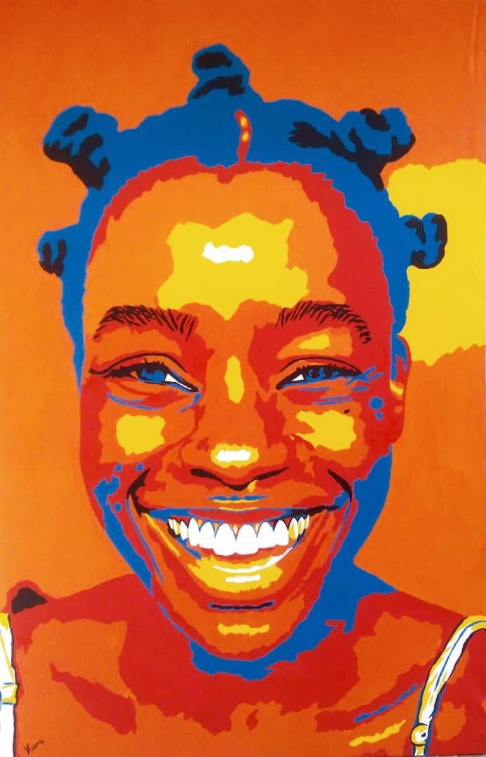 a painting of a smiling child with blue hair and orange skin, against an orange background