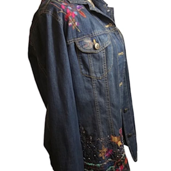 Nwot..Gorgeous Chico's Denim Jacket Features: Embroidered Detail, Sequins, Two Front Flap Chest Pockets, Button Closure, Button Cuffs, 100% Cotton..Size...1 Fitted Spring Denim Jacket With Multicolor Embroidery, Denim Blue Jacket With Floral Embroidery For Fall, Denim Blue Floral Embroidered Denim Jacket For Fall, Spring Embroidered Dark Wash Denim Jacket, Embroidered Dark Wash Denim Jacket For Spring, Embroidered Dark Wash Denim Jacket For Fall, Fall Embroidered Dark Wash Denim Jacket, Spring Denim Outerwear With Multicolor Embroidery, Embroidered Denim Jacket For Fall