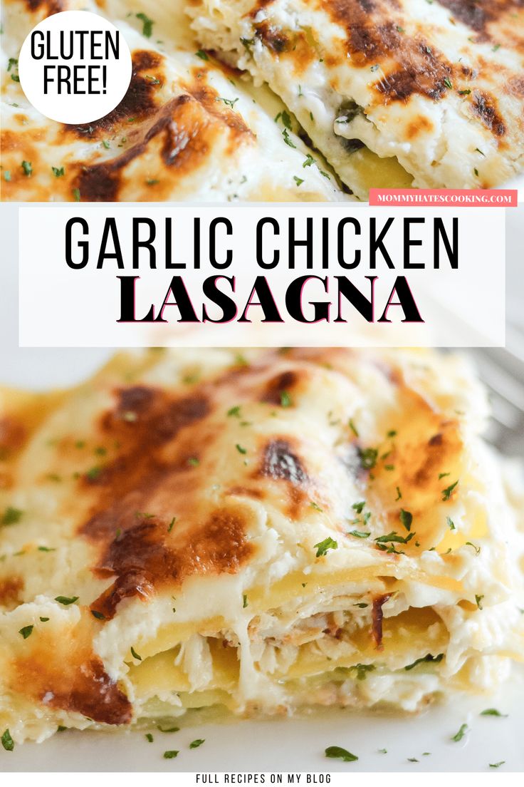 garlic chicken lasagna on a white plate with text overlay