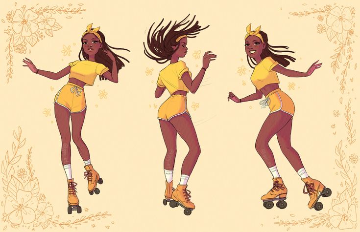 three images of a woman rollerblading in yellow and orange outfits with long hair