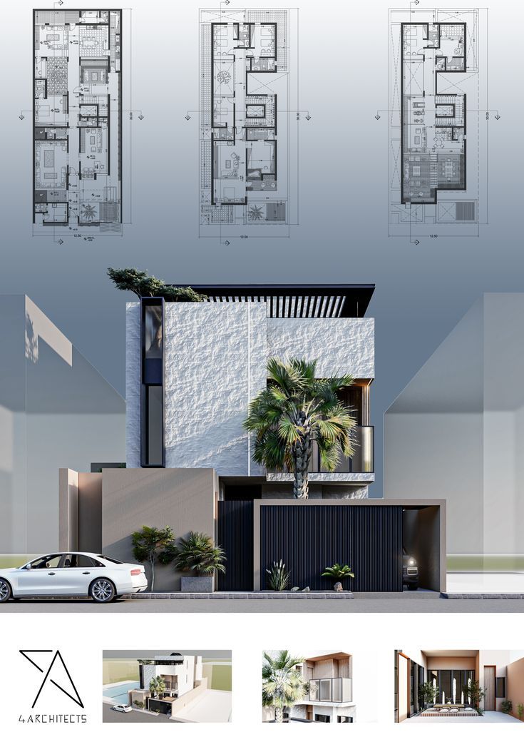 an architectural rendering of a modern house with palm trees in the front yard and garage