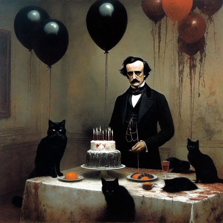 a painting of a man standing in front of a cake with candles and cats around it