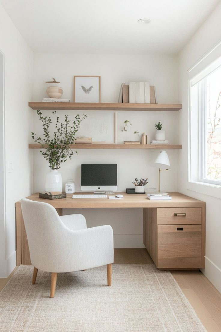 a white chair sitting in front of a wooden desk