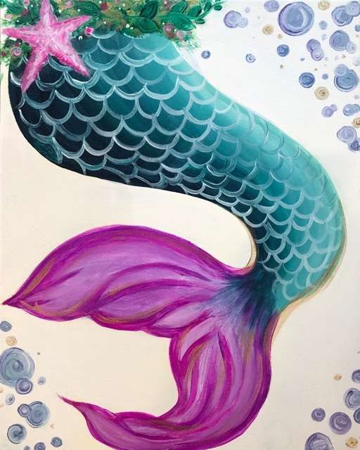 a painting of a mermaid with purple hair and starfish on it's tail