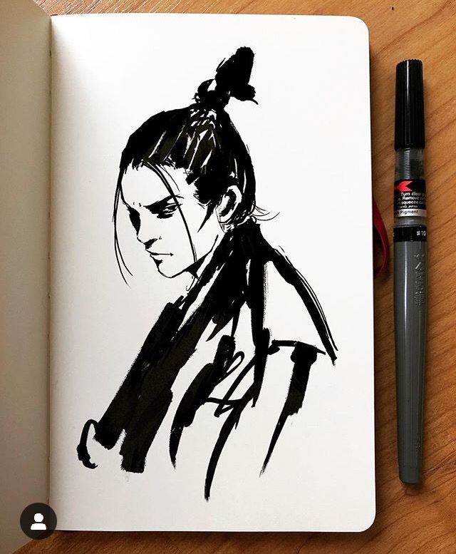 a drawing of a woman with a ponytail on her head and an ink pen next to it