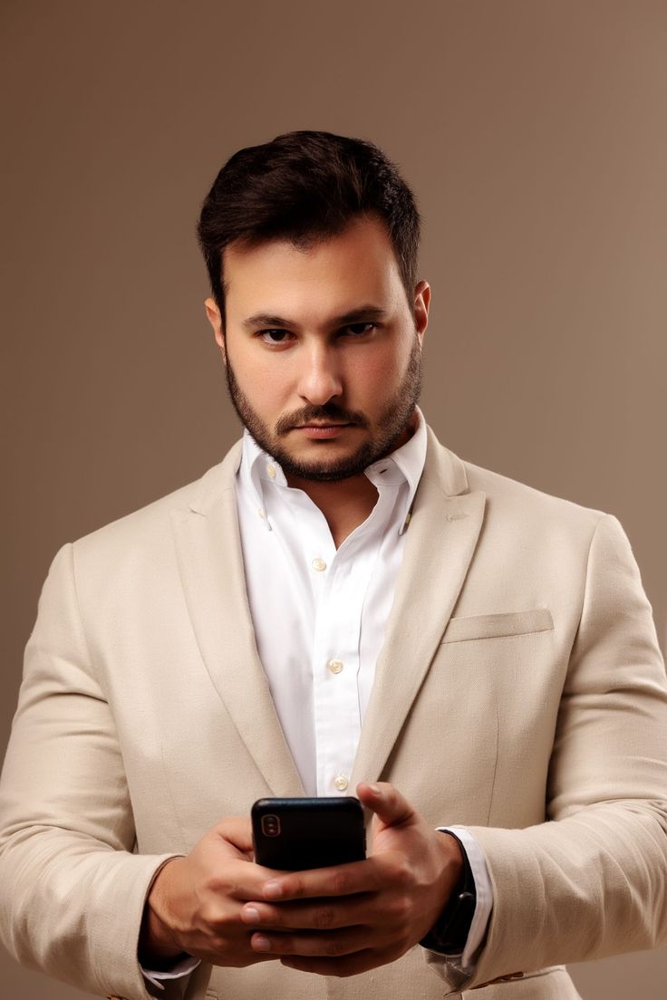 a man in a suit is looking at his cell phone while standing with his hands on his hips