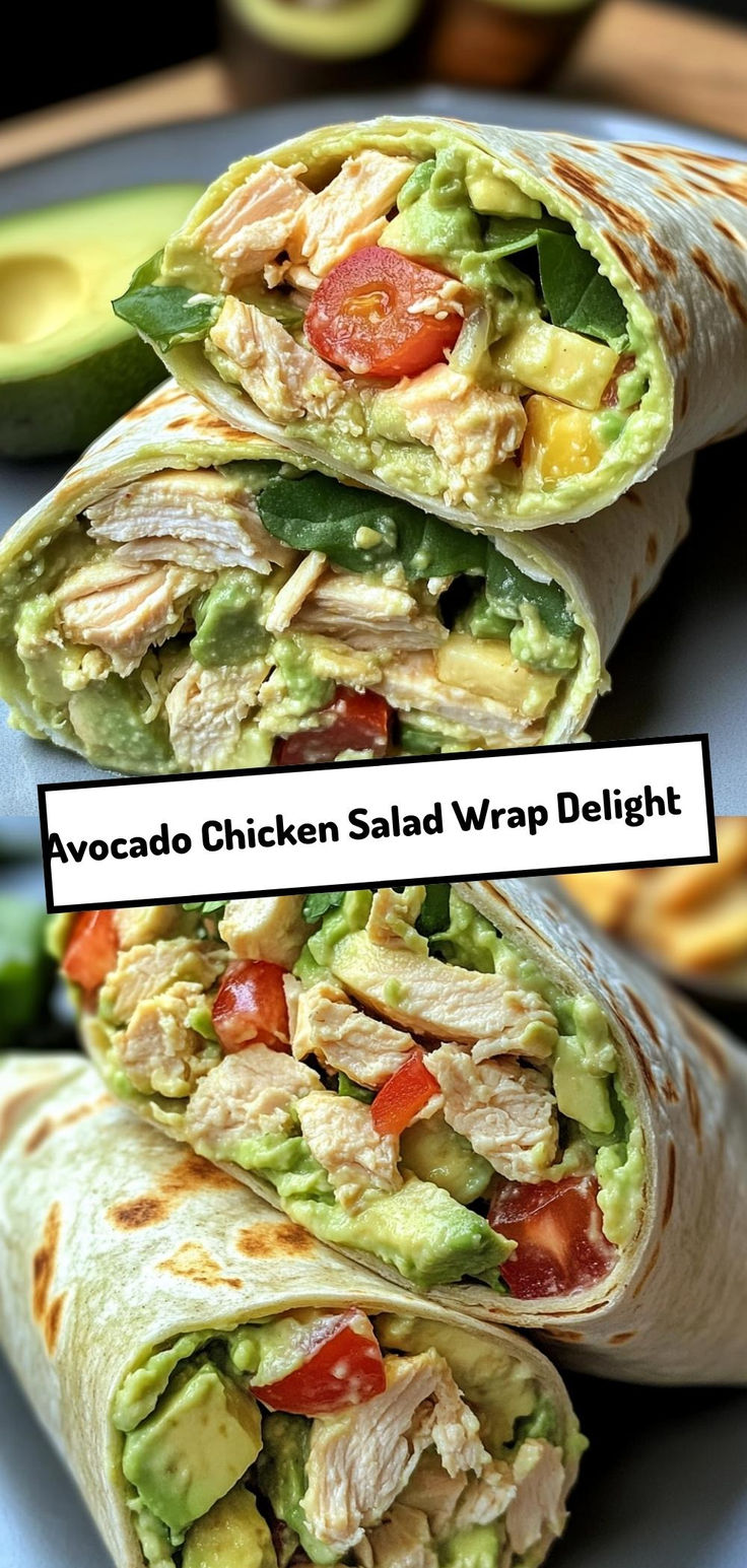 avocado chicken salad wrap delight is shown in two separate images, one with an avocado and the other without