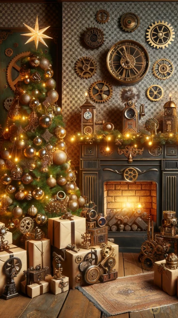 a decorated christmas tree in front of a fireplace with presents on the floor next to it