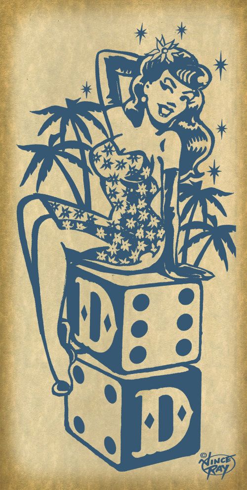 a blue and white drawing of a woman on top of two dices with bamboo trees in the background