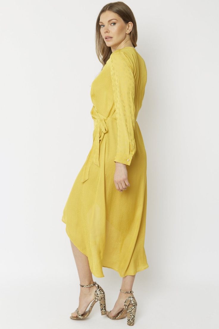 Feminine and elegant, this midi wrap dress is just what your summer occasions called for. Featuring a flattering tie waist, v-neck and full length sleeves, this dress is crafted from a lightweight, soft silk blend that floats when you walk. One we're sure you'll love.  Silk blend   One size   Comfortably fits sizes 8-14 depending on desired fit. Dress Colour, Midi Wrap Dress, Colour Yellow, Top Sales, Hosiery, High Low Dress, Wrap Dress, Colorful Dresses, Full Length