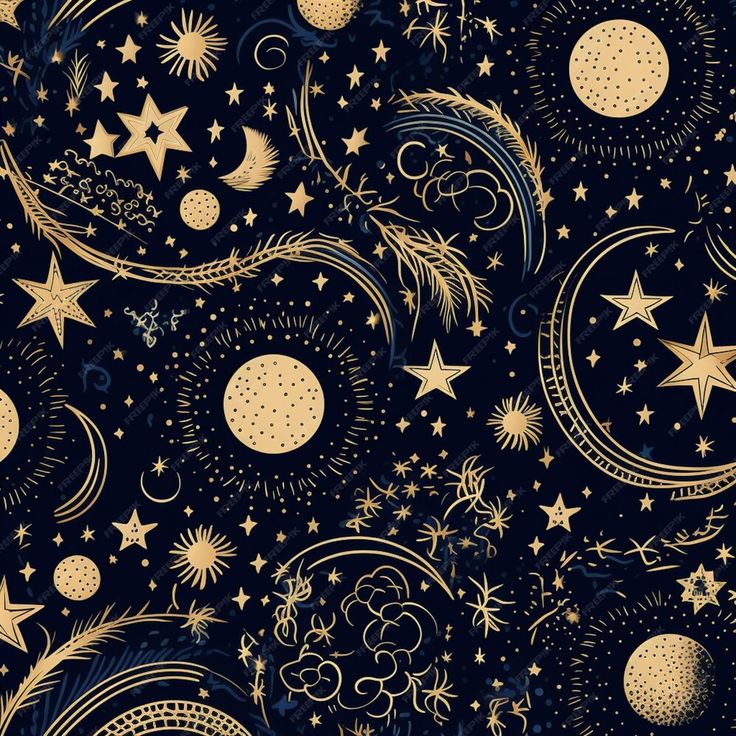 an abstract background with stars, moon and swirls in black and gold colors on a dark blue background