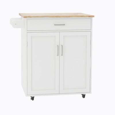 a white cabinet with two doors and a wooden top on casteors, against a white background