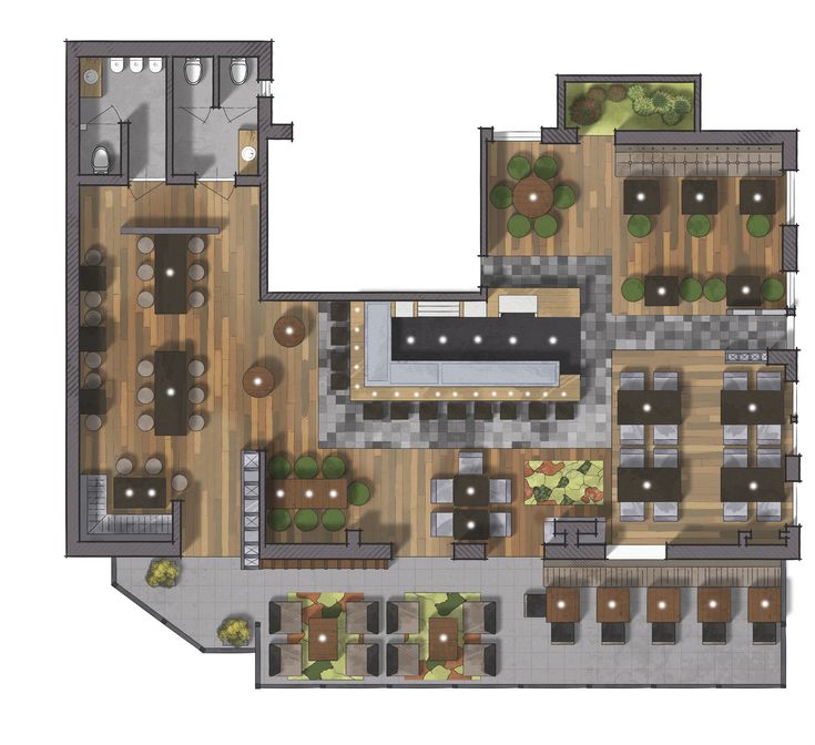 an overhead view of a restaurant floor plan with seating areas and tables in the center