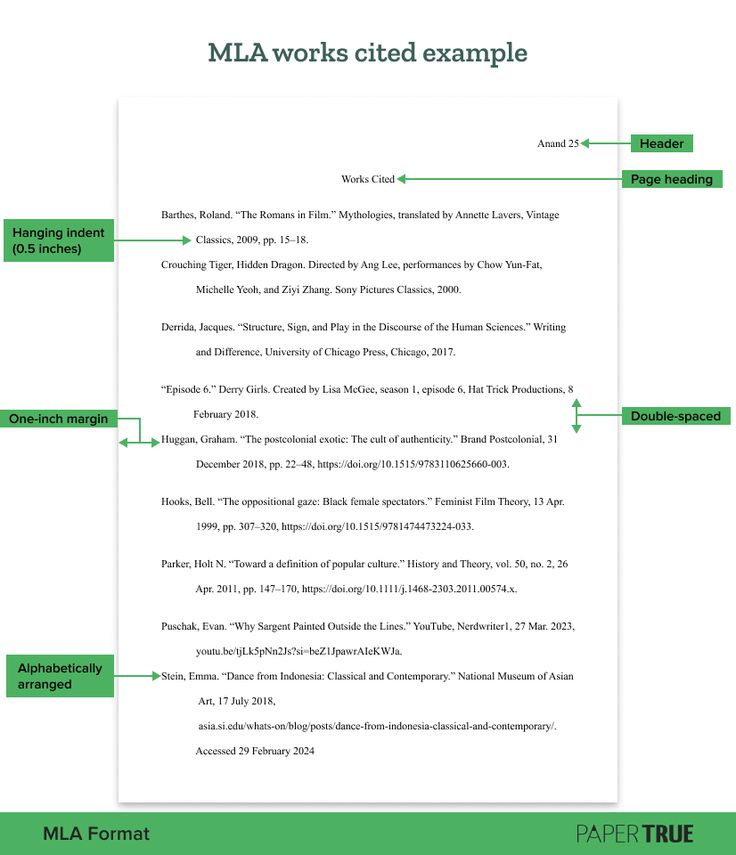 a paper with the words mma works listed example